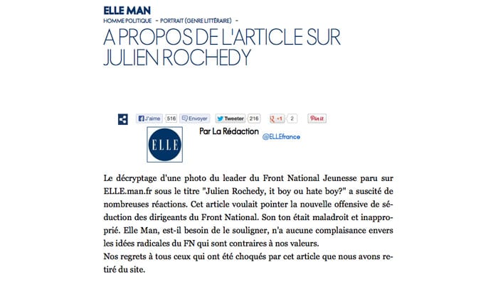 <span class="dquo">«</span> Elle Man » publie puis censure un article sur Julien Rochedy