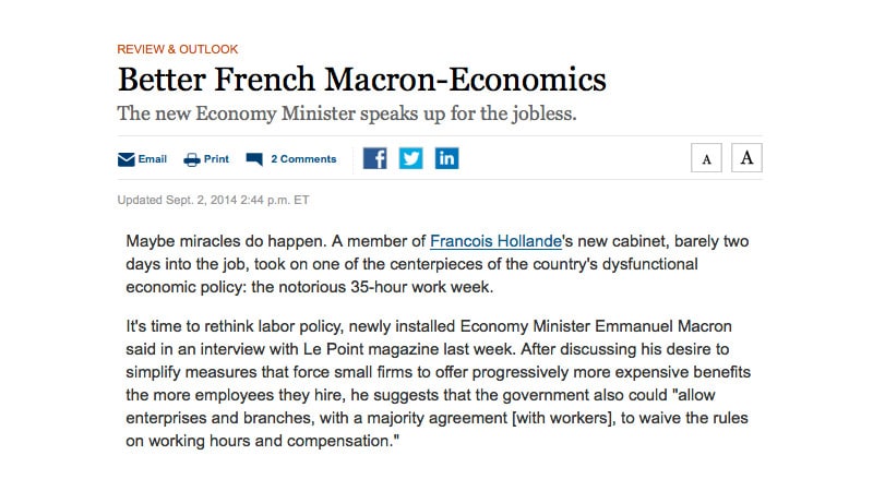 Le Wall Street Journal se réjouit de l’arrivée de Macron