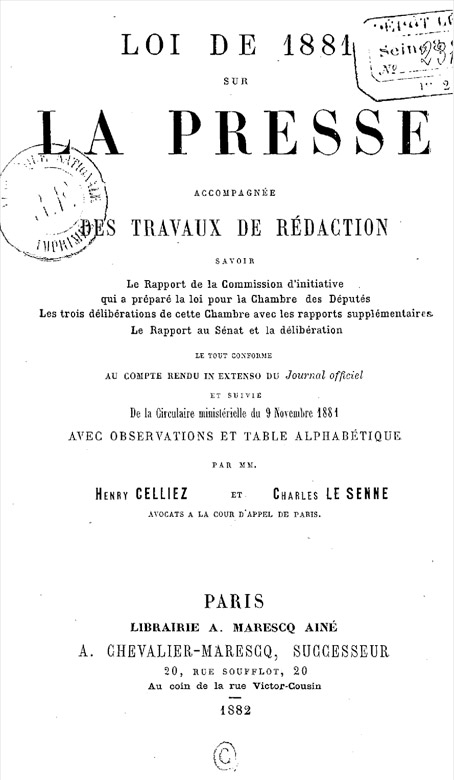 Loi de 1881 sur la presse. Source : gallica.bnf.fr